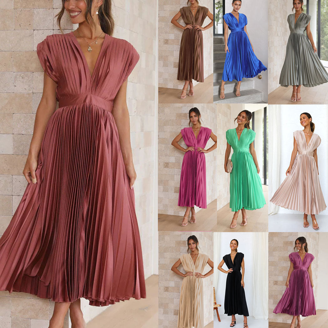 Summer V-neck Pleated Dress For Women Clothing