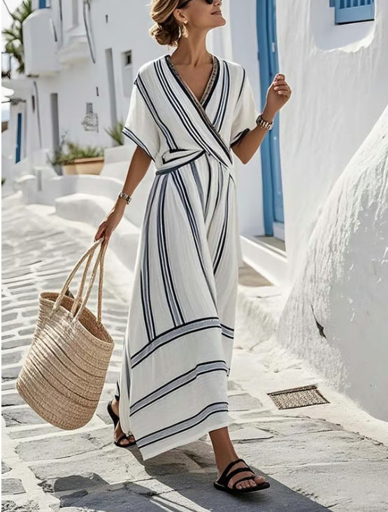 Summer Short Sleeve A-Line Long Dress Woman