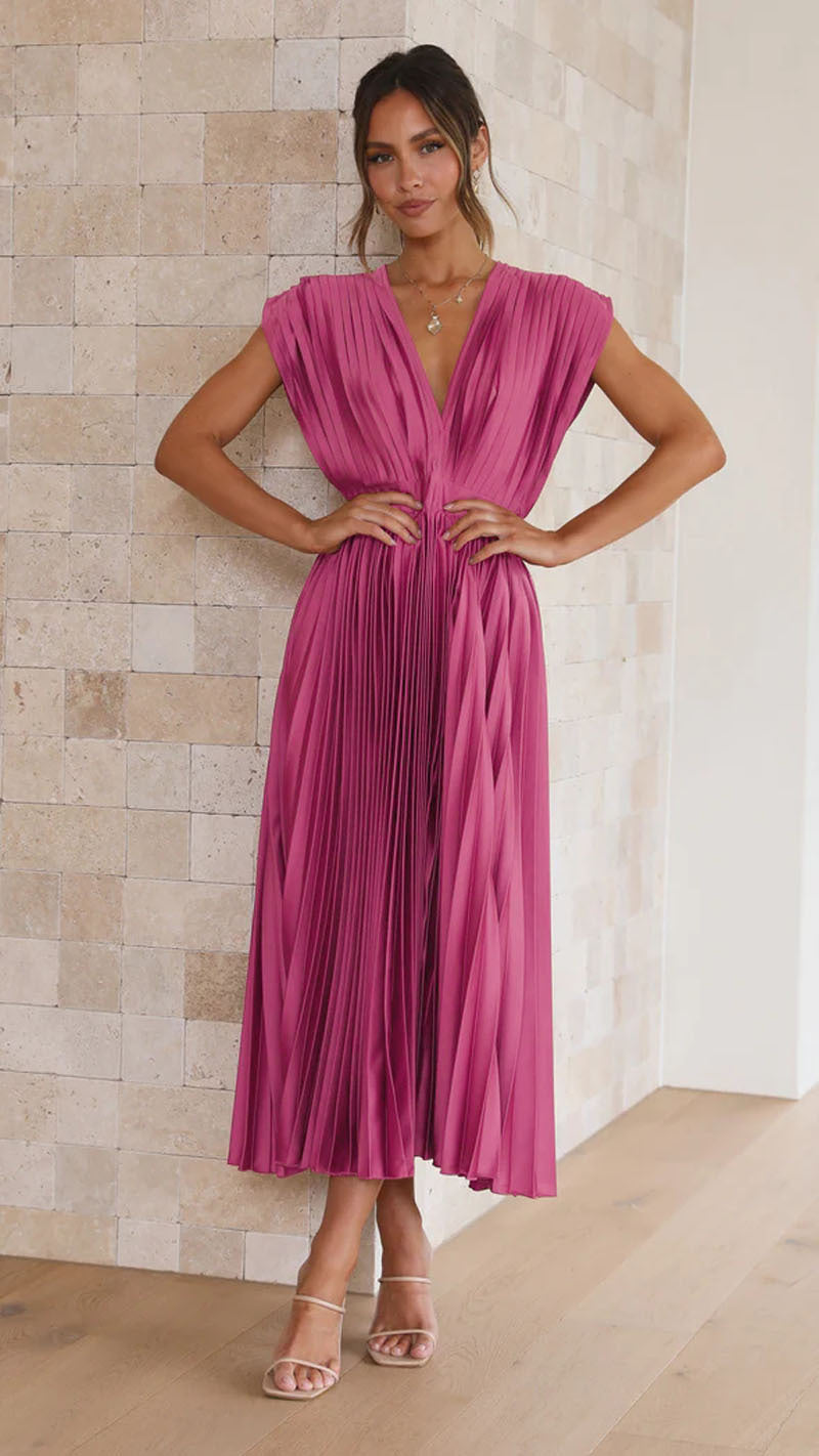 Summer V-neck Pleated Dress For Women Clothing
