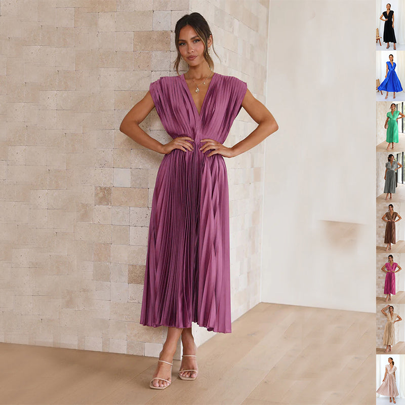 Summer V-neck Pleated Dress For Women Clothing
