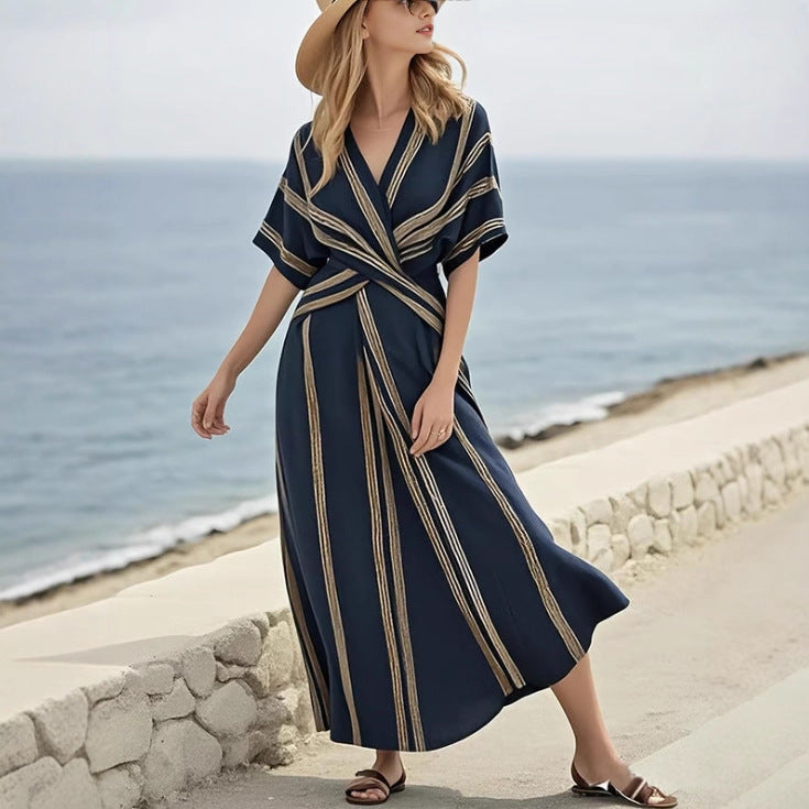 Summer Short Sleeve A-Line Long Dress Woman