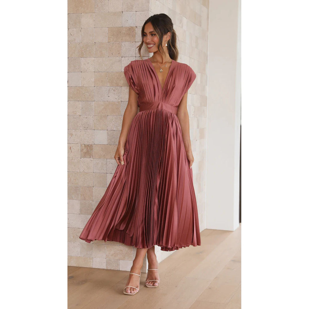 Summer V-neck Pleated Dress For Women Clothing