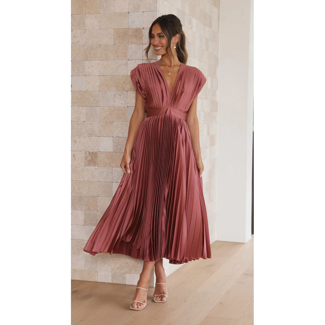 Summer V-neck Pleated Dress For Women Clothing