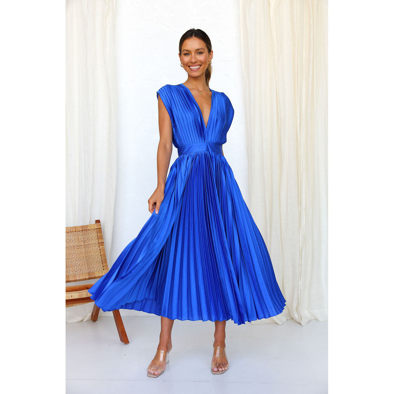 Summer V-neck Pleated Dress For Women Clothing